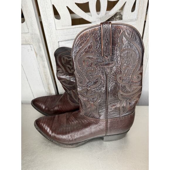 Lucchese Men’s Exotic Cowboy Boots Size 11.5 E Wide Teju Lizard and Goat Brown - Picture 1 of 7